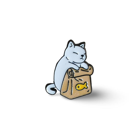 White Cat with Fish Bag Enamel Pin Badge